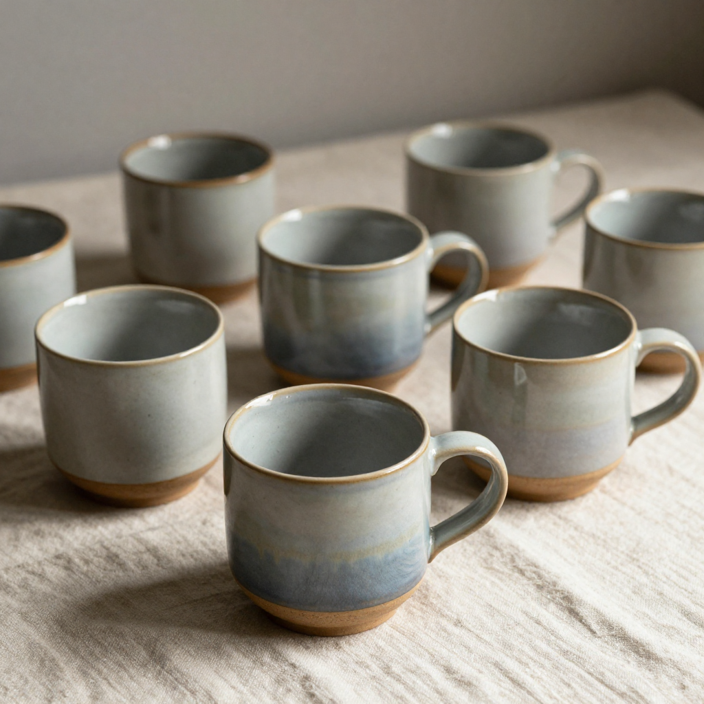 Set of handmade ceramic mugs with unique glazes