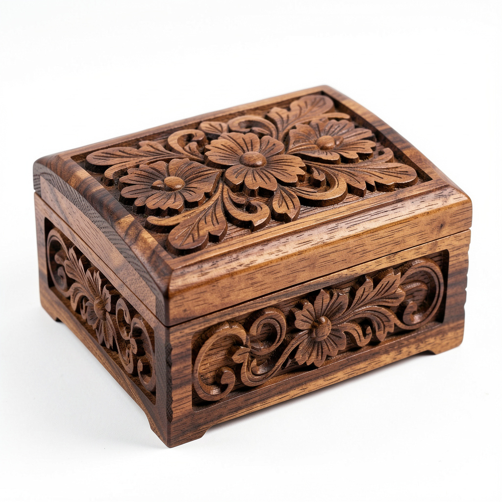 Hand-carved wooden jewelry box with floral patterns